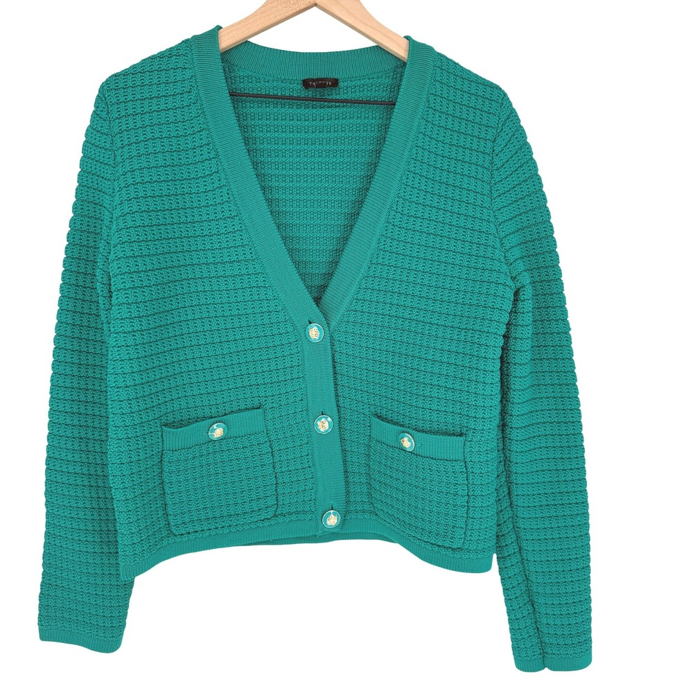 Talbots Green Textured Knit Cardigan Sweater Crest Buttons V-Neck Size M